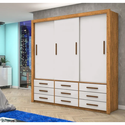 Guarda Roupa Casal 3 Portas de Correr 9 Gavetas 208cm Anjos Cinamomo/Off White - Carioca Móveis