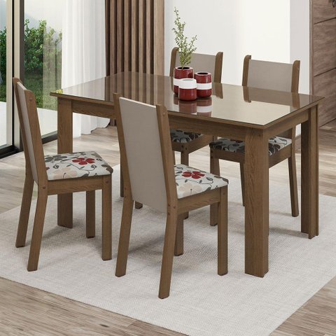 Conjunto Sala de Jantar Mesa Tampo de Vidro 4 Cadeiras Rustic/crema/hibiscos Suzy Madesa