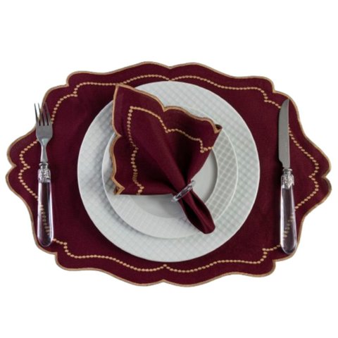 Jogo Americano Bordado Dourado Realeza Kit 12 Pçs 6 Lugares Mesa Vermelho Bordo