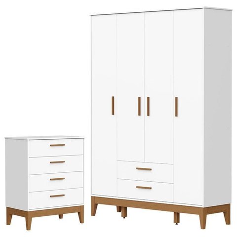 Guarda Roupa Infantil Flip 4 Portas com Cômoda Gaveteiro Infantil Flip Branco Acetinado - Reller
