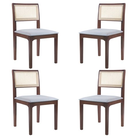 Kit 04 Cadeiras Sala de Jantar Madeira Maciça Nivea Tela Rattan Sextavano Linho Cinza/Amêndoa G55 - 