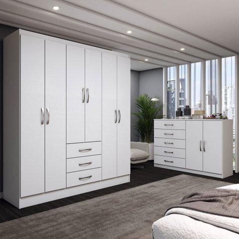 Guarda-roupa Casal Carter 6 Portas 3 Gavetas com Cômoda 2 Portas 5 Gavetas Branco - Panorama Móveis