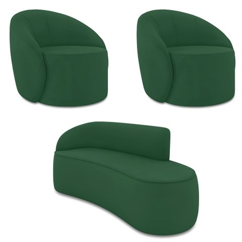 Sofá 3 Lugares Orgânico 180cm Morgan e 2 Poltronaslua Veludo Verde D03 - D’Rossi