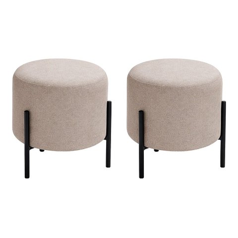 Kit com 2 Puffs Luxor Redondos em Linho Pés de Ferro Design Minimalista Sala Moderna - Bege Claro