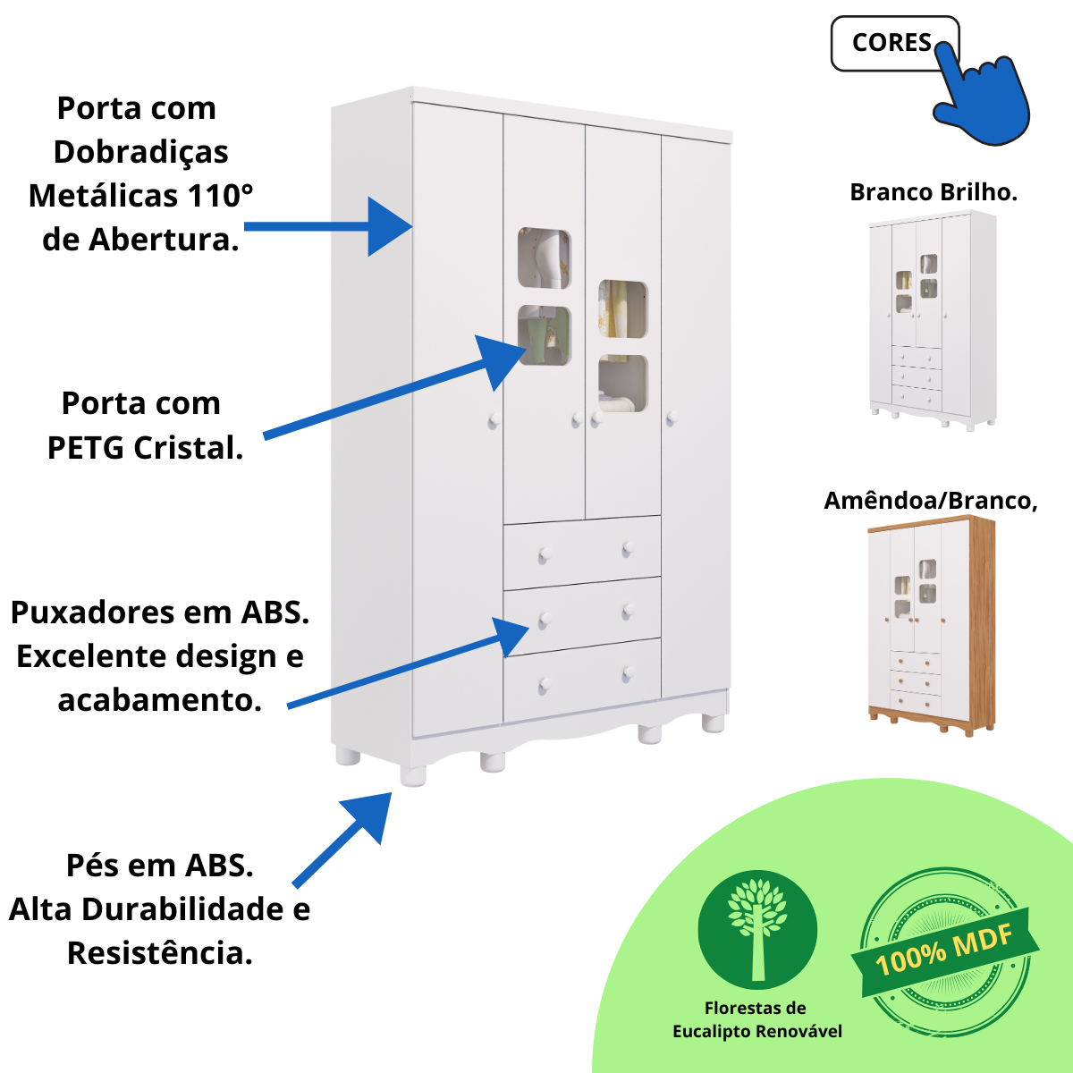 Quarto Bebê Completo Berço Americano Marquesa 3 em 1 Guarda Roupa 4 Portas Cômoda Uli 100% Mdf M - 7