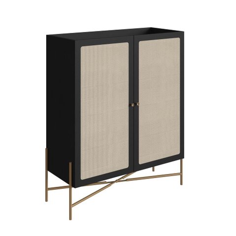 Armário Cristaleira Bar 2 Portas 93cm Palhinha Pé Metal Oslo Artesano | Nero/dourado
