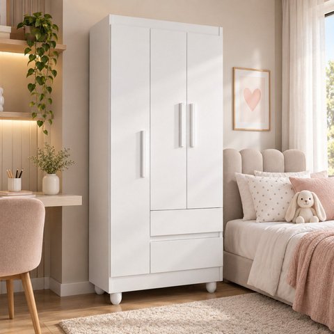 Guarda-Roupa Solteiro Sierra 3 Portas 2 Gavetas Yescasa Branco/Rosa