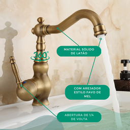 Torneira Banheiro Cozinha Gourmet Provençal Vintage Estilo Antiga de Bancada em Latão Cor Bronze - M - 3