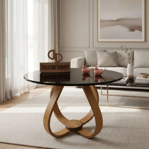 Mesa de Centro Cebola Redonda Vidro MDF 70cm Preto Decoraper Laqueada