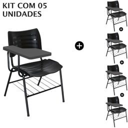Kit 05 Cadeiras Universitárias com Porta Livros Cor Preto Prancheta Plástica - 1