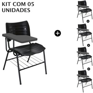Kit 05 Cadeiras Universitárias com Porta Livros Cor Preto Prancheta Plástica