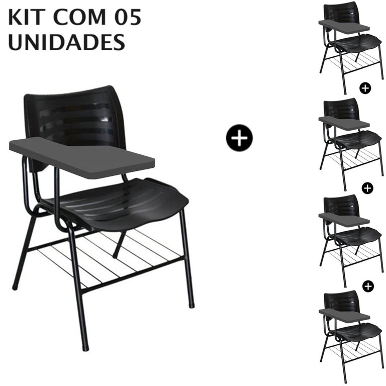 Kit 05 Cadeiras Universitárias com Porta Livros Cor Preto Prancheta Plástica Kit 05 Cadeiras Universitárias com Porta Livros Cor Preto Prancheta Plástica