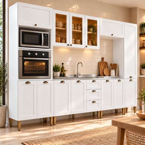 Cozinha Compacta Modulada 6 Peças 13 Portas 3 Gavetas 305cm Vidro Reflecta Branco - Mademovel