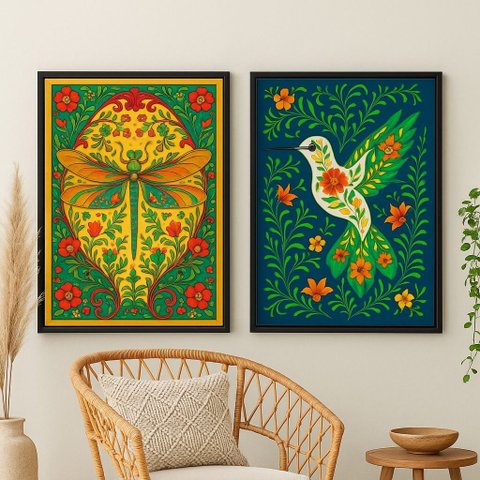 Kit 2 Quadros Boho Chic Natureza Colorida – Libélula & Beija-flor 33x24cm - com Vidro:moldura Preta