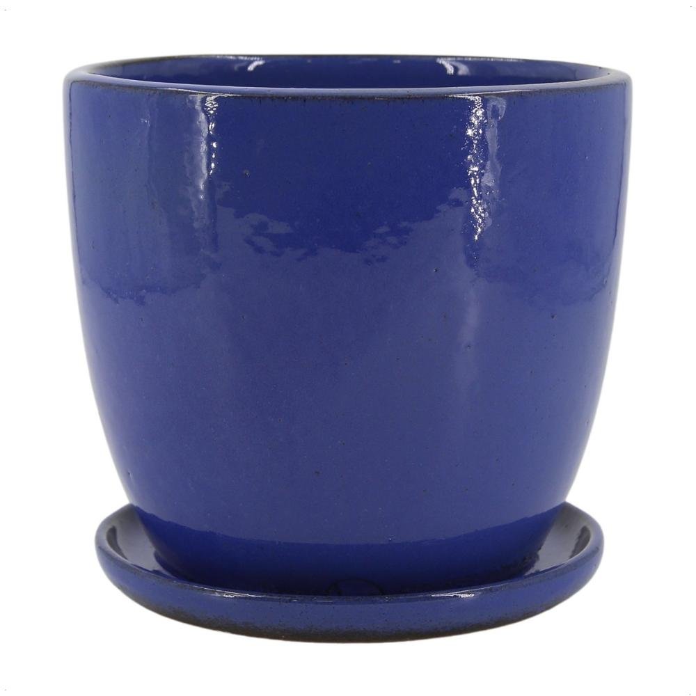 Vaso Estilo Vietnamita C/prato Cerâmica Rico Azul 22x20cm - 2