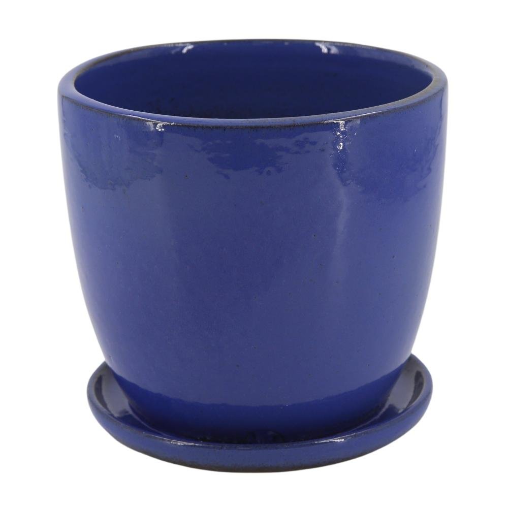 Vaso Estilo Vietnamita C/prato Cerâmica Rico Azul 22x20cm - 1