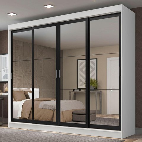 Guarda-roupa Casal Madesa Austin 4 Portas de Correr de Espelho 3 Gavetas