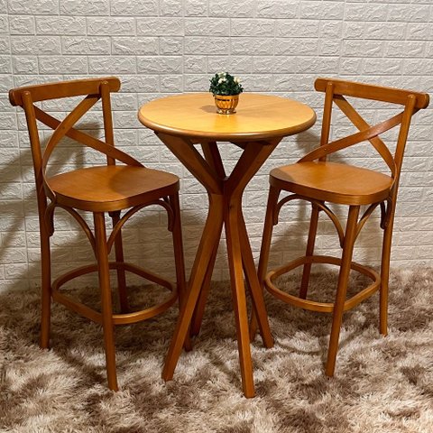 Conjunto Bistrô Fixo Mesa Redonda X com 2 Banquetas X Cor:mel