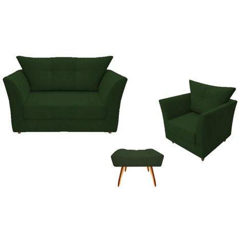 Kit Namoradeira + 1 Poltrona Decorativa Isis + 1 Puff Retangular Suede Verde Pés Madeira Mz Decor