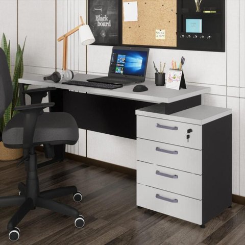 Escrivaninha Mesa Escritório Extensível 135cm 4 Gavetas Multimóveis Cr25324 Cinza Preto