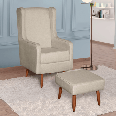 Poltrona Amamentação Descanso Aquila Pés Palito com Puff Retrô Linho Bege