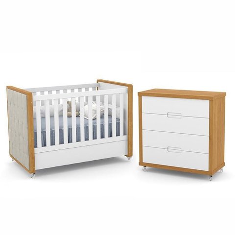Jogo de Quarto Infantil Berço com Capitonê e Cômoda 4 Gavetas Tutto New Branco Soft/freijó - Matic M