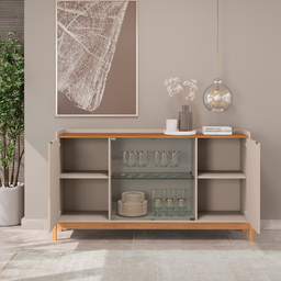 Buffet 4 Portas com Porta de Vidro e Prateleiras Multiuso Pé de Madeira Off White / Cedro - 2