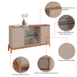 Buffet 4 Portas com Porta de Vidro e Prateleiras Multiuso Pé de Madeira Off White / Cedro - 3