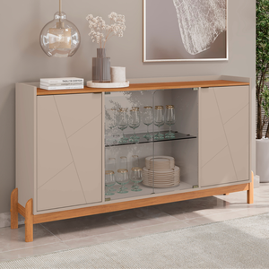 Buffet 4 Portas com Porta de Vidro e Prateleiras Multiuso Pé de Madeira Off White / Cedro