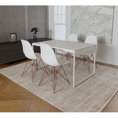 Mesa Industrial Base Ferro Branco Tampo 137x90 Branco 4 Cadeiras Eames Ferro Cobre Assento Branco