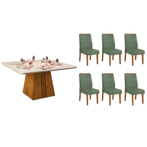 Sala de Jantar Completa Itália C/ Tampo Madeirado C/ Vidro Curvo 136x136cm e 6 Cadeiras Ondina