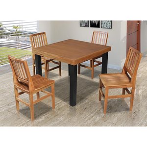 Mesa Jantar Madeira Maciça Catarina Quadrada 1m com 4 Cadeiras Confort Ripada - Castanho