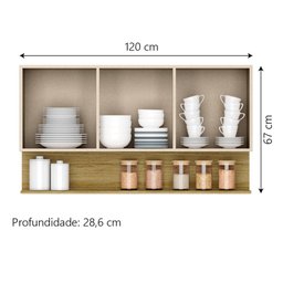 Armário Aéreo de Cozinha 3 Portas com Nicho 1,20m Freijó / Vanilla Line Kits Paraná - 2 Armário Aéreo de Cozinha 3 Portas com Nicho 1,20m Freijó / Vanilla Line Kits Paraná - 2