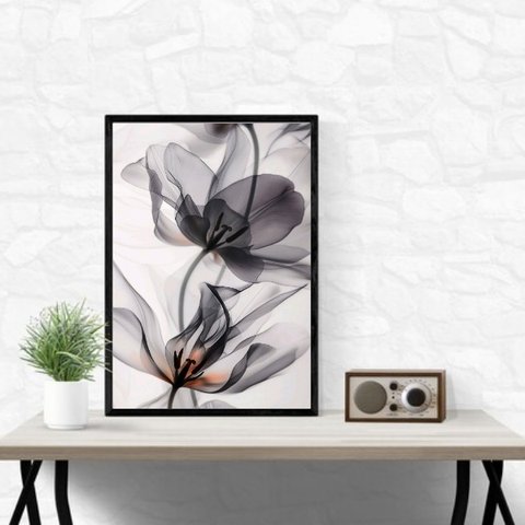 Quadro Decorativo Moderno Flor Cinza 33x24cm:moldura Branca