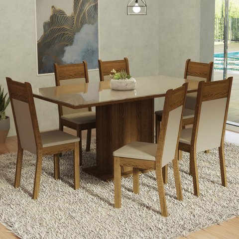 Conjunto Sala de Jantar Mesa Tampo de Vidro 6 Cadeiras Crema/rustic/bege Francine Madesa