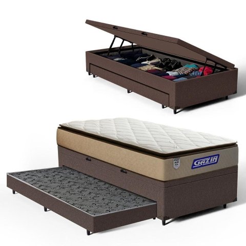 Cama Box Baú + Colchão Gazin de Molas Ensacadas Pillow Top Air Pro + Auxiliar de Espuma Solteiro