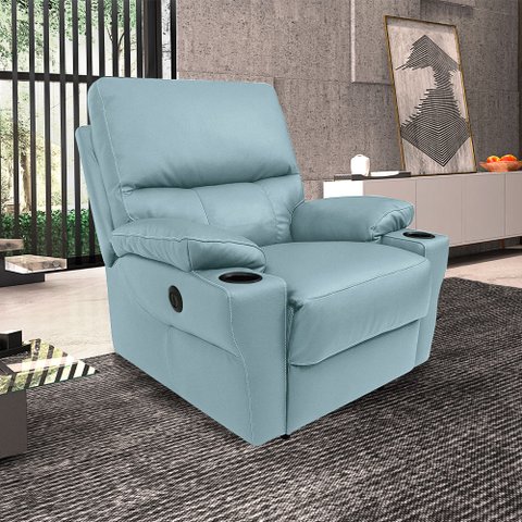 Poltrona do Papai Sala de Cinema Mia Reclinável Retrátil Power Elétrico Base Fixa Couro Azul Celeste