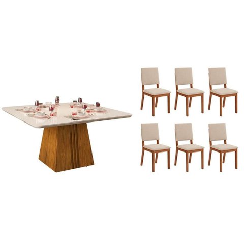 Conjunto: Mesa Sala Jantar Itália C/ Tampo Madeirado C/ Vidro Curvo 136x136cm e 6 Cadeiras Talia
