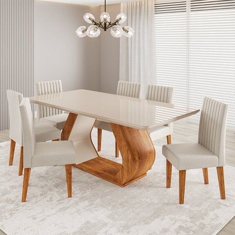 Conjunto Sala de Jantar 6 Lugares Retangular Tampo de Vidro e MDF Ricca Yescasa Bege/Mel/Off White