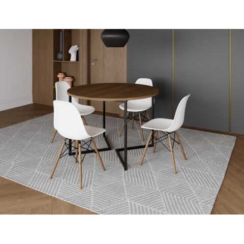 Mesa Industrial Base Ferro Preto em V Tampo 110cm Amendoa 4 Cadeiras Eames Madeira Assento Branco