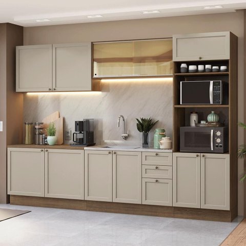 Armário de Cozinha Completa 310 Cm Rustic/crema Vik Madesa 01