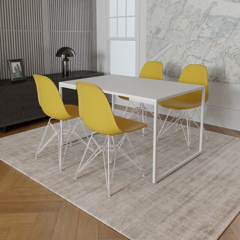 Mesa Industrial Base Ferro Branco 137x90 Tampo Branco 4 Cadeiras Eiffel Ferro Branco Assento Amarelo