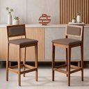Ver imagem 2 de Kit 02 Banquetas Altas Lenna 99cm em Madeira e Encosto Estofado Linho Marrom - Abmaza