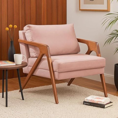 Poltrona Mona Luxo Madeira Maciça Tecido Veludo Rosê