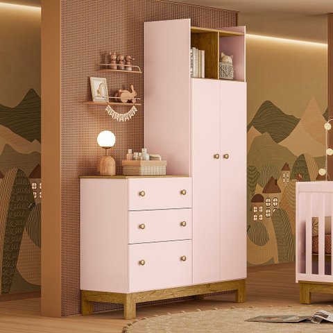 Guarda Roupa Infantil com Cômoda 2 Portas 3 Gavetas Flora 4970 Rosa Qmovi