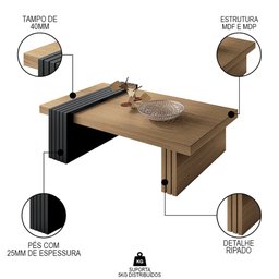 Mesa de Centro com Detalhe Ripado Tammy H01 Preto/freijó - Mpozenato - 3