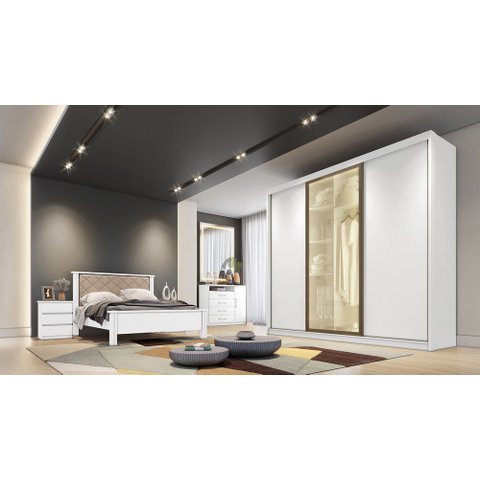 Guarda Roupa Casal Diamond Glass 3 Portas 8 Gavetas 1 Porta Reflequita Novo Horizonte Neve