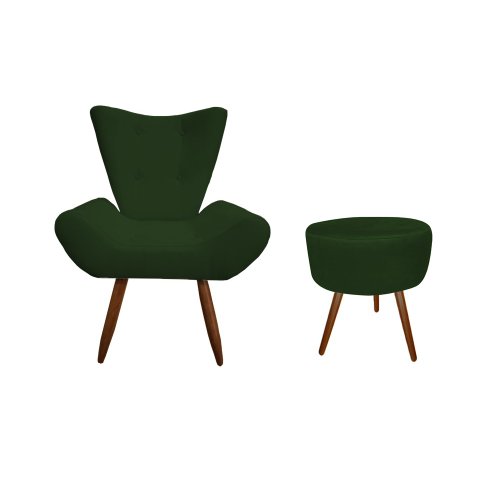 Kit Poltrona Decorativa Emilia + Puff Redondo Suede Verde Pés Madeira Ms Decor