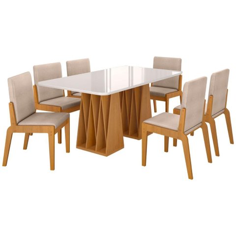 Kit Mesa de Jantar Orquestra com 6 Cadeira Sinfonia em Linho Naturale/off White/creme