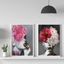 Ver imagem 2 de Kit 2 Quadros Mulher E Flores Rosas Com Dourado 24x18cm:Madeira branca